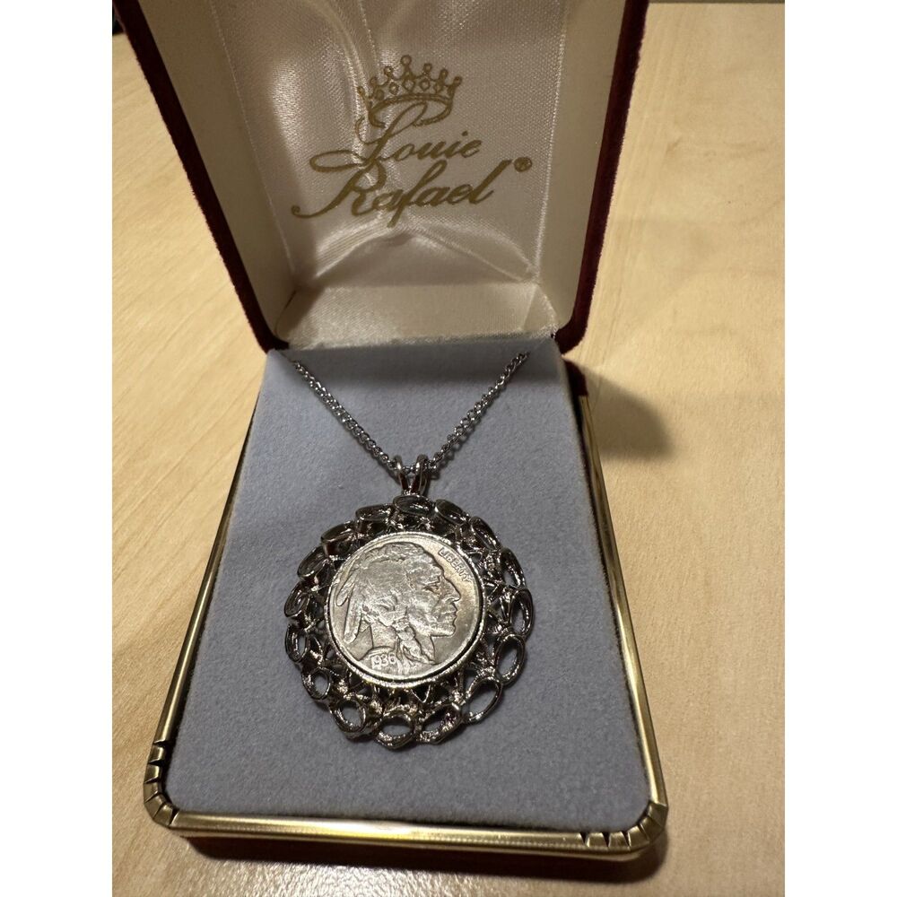 1936 Buffalo Nickel Coin Pendant Necklace Louie Rafael Boxed Filigree Bezel